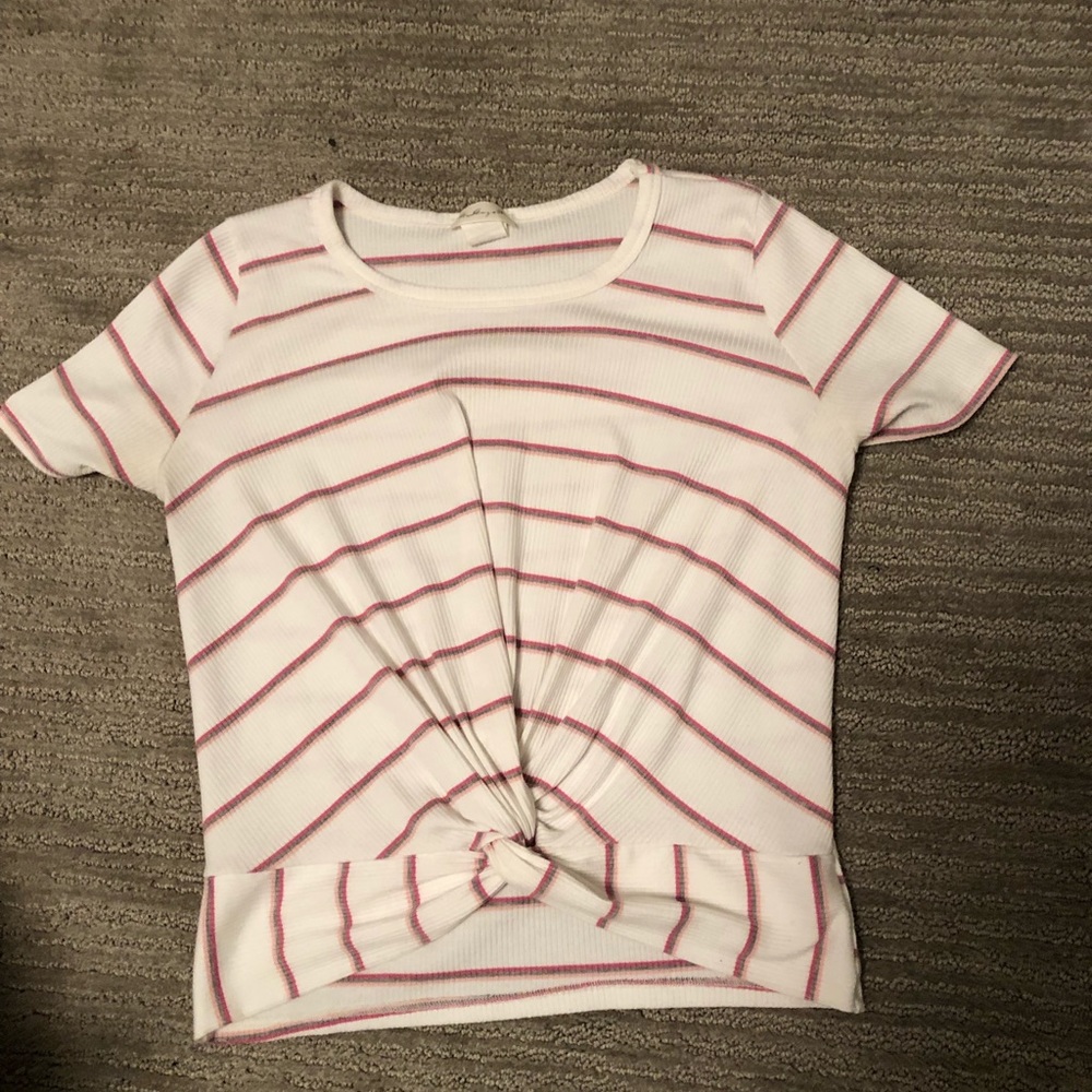 white and pink t shirt with tie in the front